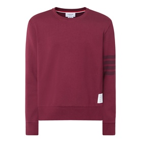 Thom Browne burgundy cotton sweatshirt with crew neck, tonal 4-bar stripe on left sleeve, and logo patch at hem