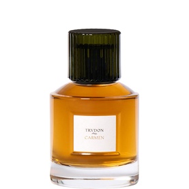 Trudon Carmen Eau de Parfum in a clear glass bottle with amber liquid and dark green ribbed cap, white label