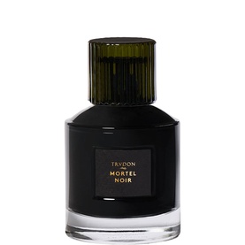 Trudon Mortel Noir EDP in black glass bottle with dark green ribbed cap and gold label, no model present.