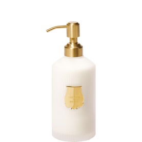 Trudon Hand Lotion in white reusable pump dispenser bottle with gold label and brushed gold pump head