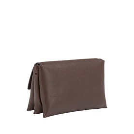 Taupe textured leather clutch bag with zip fastening, structured base, and understated silhouette