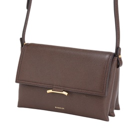 Dark brown saffiano leather crossbody bag with gold-tone bar clasp detail and adjustable shoulder strap