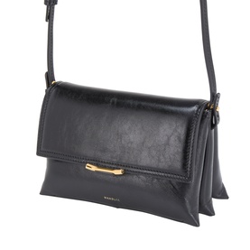 Wandler Black Glaze leather clutch bag with gold-tone bar detail on flap, adjustable black crossbody strap