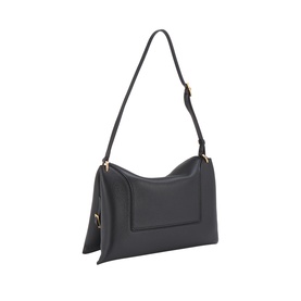 Black shoulder bag with front patch pocket, gold-tone hardware, and adjustable single strap