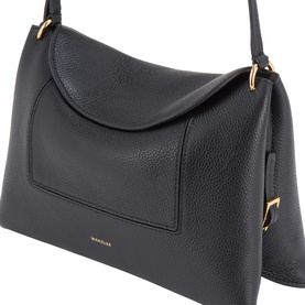Wandler black pebbled leather shoulder bag with flap front pocket, gold-tone hardware, and adjustable shoulder strap