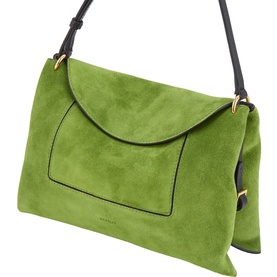 Wandler Verde Suede shoulder bag, green suede with black trim, flap closure, gold-tone hardware, and black adjustable strap