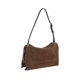 Brown suede shoulder bag with contrast black strap and gold-tone hardware, structured front panel and asymmetric base detail