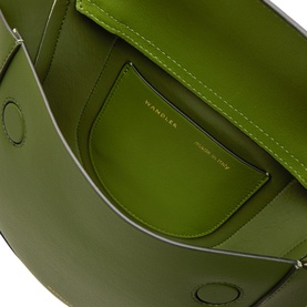 Wandler verde green leather top handle bag interior, showing structured open compartment with slip pocket and silver branding label