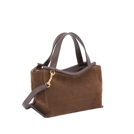 Wandler top handle bag in Palissander Suede with gold-tone clasp hardware, dual top handles and detachable crossbody strap