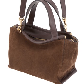 Wandler top handle bag in palissander suede with brown leather trim, dual top handles and gold-tone hardware with detachable shoulder strap