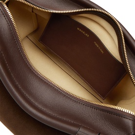 Wandler top handle bag in Palissander Suede, interior view showing beige lining, zip closure and branded card slot with gold-tone zip.