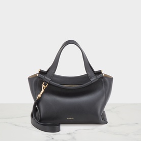 Wandler black leather tote bag with gold-tone hardware, twin top handles, and detachable crossbody strap