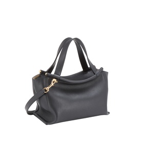 Dark grey leather tote bag with dual top handles, gold-tone clasp hardware, and detachable shoulder strap