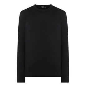 Zegna black cashmere and silk crew neck knit polo, long-sleeved with ribbed cuffs and hem, ghost shot on white background.