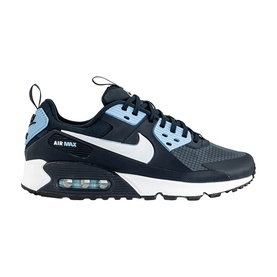 Nike Air Max 90 trainer in dark navy and light blue with white swoosh, Air Max cushioned sole, and black outsole