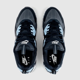 Nike Air Max 90 trainers in black and pale blue, overhead view showing textured upper, white Nike Air branding on sole