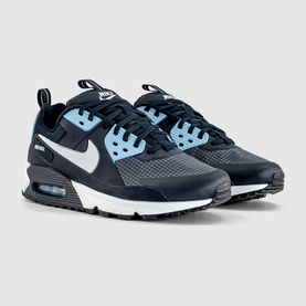 Nike Air Max 90 trainer in navy and light blue colourway with silver swoosh, Air cushion sole, and white midsole