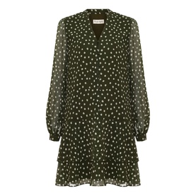 Phase Eight green chiffon mini dress with white polka dot print, V-neckline, long balloon sleeves and tiered ruffle hem