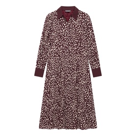 Mint Velvet red animal print midi shirt dress with long sleeves, contrast knit collar and cuffs, A-line silhouette