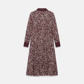 Mint Velvet red animal print midi dress with long sleeves, collared neckline, and pleated skirt, flat lay view