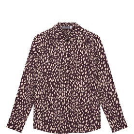 Mint Velvet red animal print long-sleeve blouse with point collar and pintuck front detail, flat lay