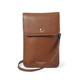 Aspinal of London tan pebbled leather phone crossbody bag with flap front, gold stud closure, and slim adjustable strap