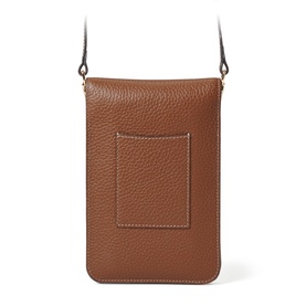 Aspinal of London tan pebbled leather phone crossbody bag, rear view showing slip pocket and adjustable strap with gold hardware.