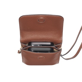 Aspinal of London tan pebbled leather crossbody bag, open to show interior zip pockets and phone slot, gold-tone hardware