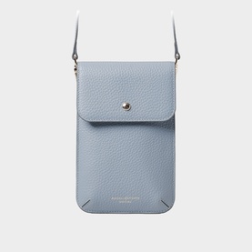 Aspinal of London Sky Blue pebbled leather phone crossbody bag with flap closure, silver stud snap, and slim shoulder strap
