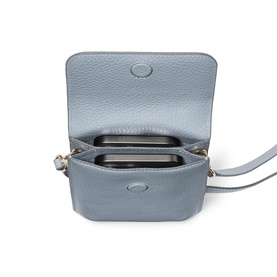 Aspinal of London sky blue pebbled leather mini crossbody bag, open view showing phone slot interior and silver hardware clasp.