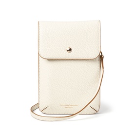 Aspinal of London ivory pebbled leather phone crossbody bag with gold snap closure and slim adjustable strap
