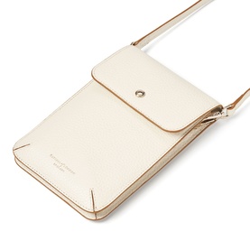 Aspinal of London ivory crossbody phone bag with gold-tone snap fastener front pocket and zip closure, long adjustable strap
