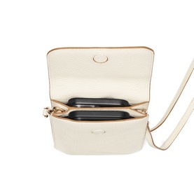 Aspinal of London ivory crossbody bag, open view showing interior compartments, gold-tone hardware and adjustable shoulder strap.