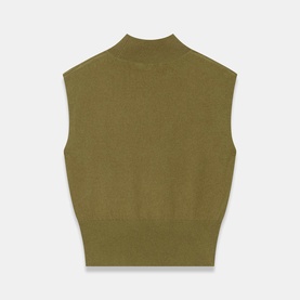 Mint Velvet green sleeveless mock-neck knit vest, ribbed trim, relaxed fit, flat lay view