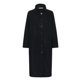 Kaffe longline coat in Black Deep, high funnel neck, single-breasted button front, long sleeves, relaxed fit