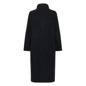 Kaffe long black coat with high funnel neck, long sleeves, and relaxed oversized silhouette, shown from the back.