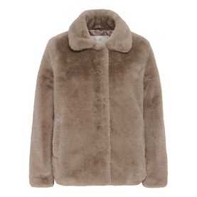Kaffe Rosa Faux Fur Jacket in Taupe Gray with soft stand collar, plush texture and cocoon silhouette