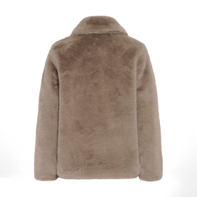 Kaffe Rosa Faux Fur Jacket in Taupe Gray, rear view showing soft stand collar, plush cocoon silhouette, 100% polyester faux fur