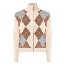 Max Mara Studio ecru wool cashmere cardigan with argyle diamond pattern in camel and grey, zip fastening, funnel neck