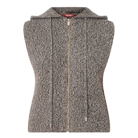 Max Mara Studio Gela Zip Knitted Vest in khaki, sleeveless hooded design with front gold-tone zip, chunky-knit wool-cashmere construction