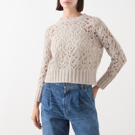 Model wearing Max Mara Studio Ladino Open-Knit Sweater in Natural, crew neck, open-knit construction, long sleeves, styled with blue jeans