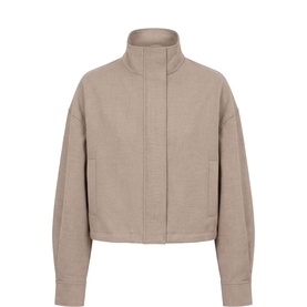 Forever New neutral zip-through cropped jacket with funnel neck, dropped shoulders, and front patch pockets