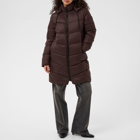Model wearing Kaffe Coffee Bean quilted longline puffer coat with hood, styled with grey wide-leg trousers