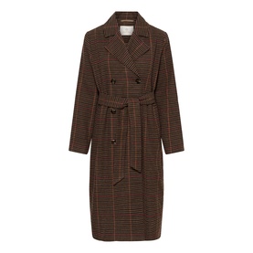 Kaffe Fanni Checked Coat in Brown/Multi Check, double-breasted longline style with cinched belt and notched lapels