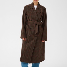 Model wearing Kaffe Fanni Checked Coat in Brown/Multi Check; double-breasted, belted longline silhouette with tailored lapels.