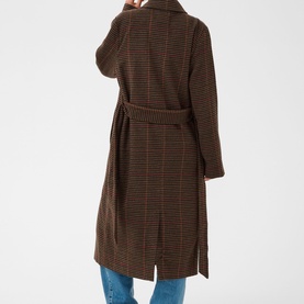 Model wearing Kaffe Fanni Checked Coat in Brown/Multi Check, showing belted back detail and longline silhouette, styled with blue jeans.