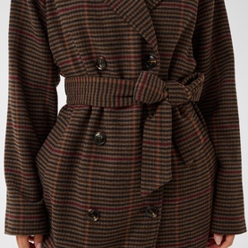 Model wearing Kaffe Fanni Checked Coat in Brown/Multi Check, showing double-breasted front, cinched belt detail and tailored fit.