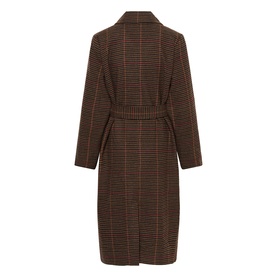 Kaffe Fanni Checked Coat in brown/multi check, back view showing belted waist, longline silhouette and tailored double-breasted style.