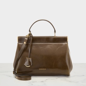 Victoria Beckham Dark Olive calf leather top handle bag with gold-tone hardware and detachable crossbody strap