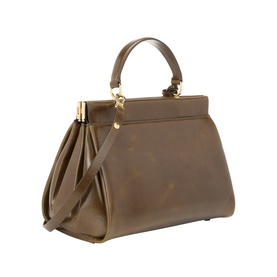 Victoria Beckham Dark Olive calf leather top handle bag with gold-tone clasp hardware and detachable shoulder strap, side pleating detail